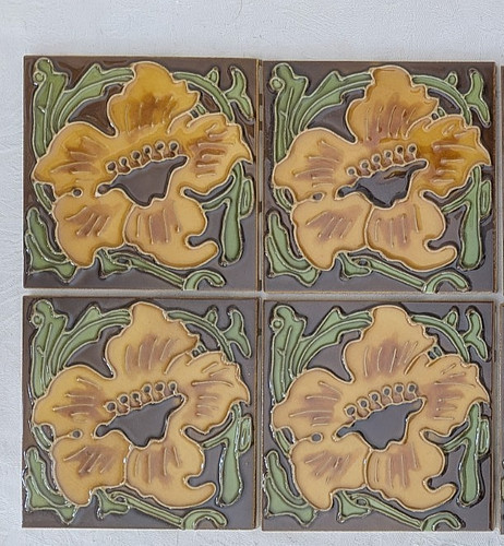 Set of 4 Glazed Ceramic  6" Square Flower Tiles Art Nouveau Style