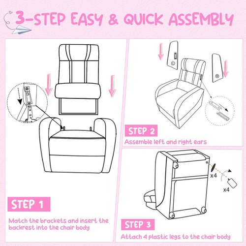 Kids Reclining Sofa Chair with Adjustable Backrest and Footrest, Pink - Picture 12 of 12