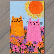 STICKER Two Cats Flower Field Bright Colors Smiling Sun Happy Playful Cute