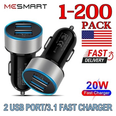 2 Ports 1-200 Pcs USB C Fast Charging Adapter Cigarette Lighter Car Charger Lot