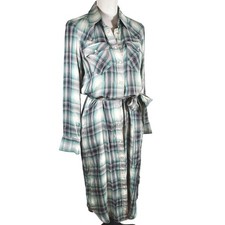 Ralph Lauren Western Shirt Dress Womens 4P Teal Plaid Pearl Snap Midi Tie Waist