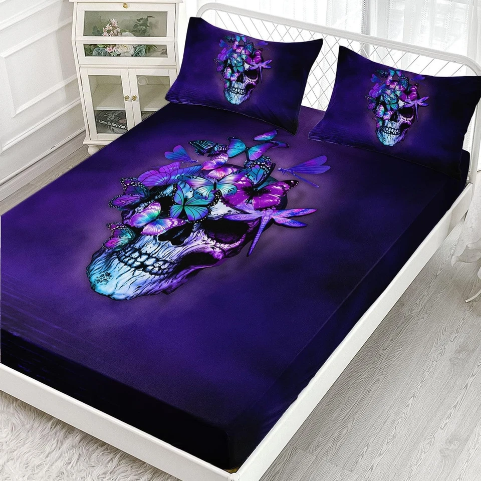 Lenzuolo ragazzi teschio farfalle viola 3 Pezzi Set Letto Singolo 2X Federe - Immagine 2 di 4