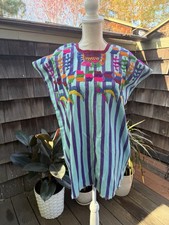 Boho Mexican Tunic Top Huipil Style Stripes M/L Blue Purple