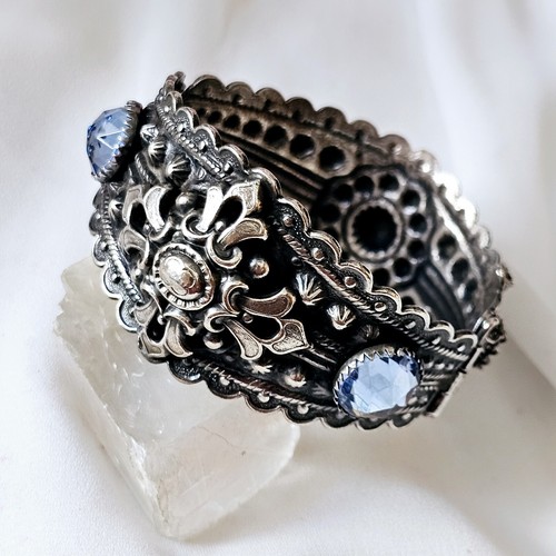 Antikes Armband Silber blaue Kristalle Manschette zum Öffnen Maße 54x64 mm - Bild 1 von 13