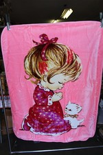 BABY SIZE BLANKET BEDSPREAD WITH A PICTURE OF A GIRL AND A CAT
