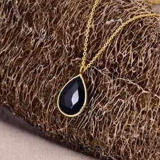 Pear shaped Black Onyx Necklace Yellow Gold June birthstone Necklace Jewelry