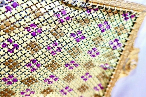 MANDALIAN & CO FLAT MESH ENAMEL HEAVY GOLD  FRAME Violet and Lime BAG 1900'S - Picture 7 of 12
