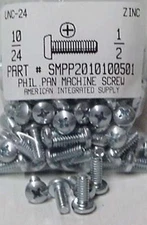 #10-24x1/2 Pan Head Phillips Machine Screws Steel Zinc Plated (50)