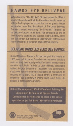 1994-95 Parkhurst - '64-'65 ''Tallboys'' - Hawks Eye Beliveau - #159 - Picture 2 of 2