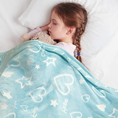 Glow in the Dark Sterne Herz Decke Geschenke für Mädchen Jungen, B-blau Sterne Herz - Bild 8 von 8