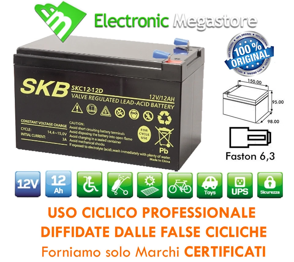 ALCAPOWER - JOIN - EXSTRACELL - SKB BATTERIA RICARICABILE CICLICA PIOMBO 12V 12Ah 12 Ah AGM BICI ELETTRICA MOTO