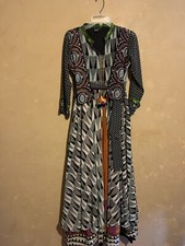 Indian Long Kurti Dress XL Mixed Print Beading Pom Pom Mirror