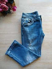 Miss Me Signature Cuffed Capri Jeans Embroidered Distressed Medium Wash Blue 27