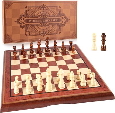 15 Inch Magnetic Wooden Chess Set Folding Board With Extra Queens Storage Box