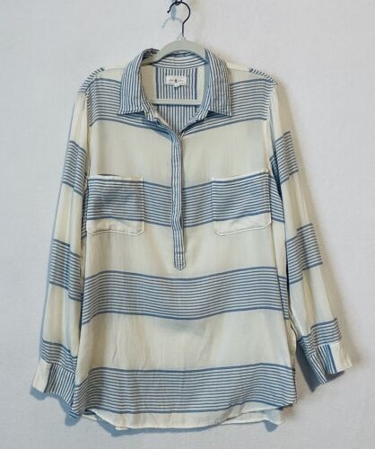 Lou Grey Top Womens XL Striped Popover Tunic Lightweight Ivory Blue Cotton Boho