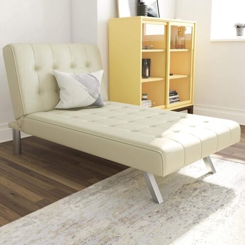 Chaise Recliner Chair Convertible Bed Sleeper Faux Leather Vanilla