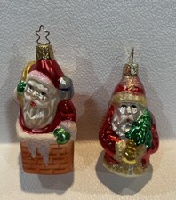 2 OLD WORLD CHRISTMAS -BLOWN GLASS ORNAMENT SANTA IN CHIMNEY, SANTA WITH TREE