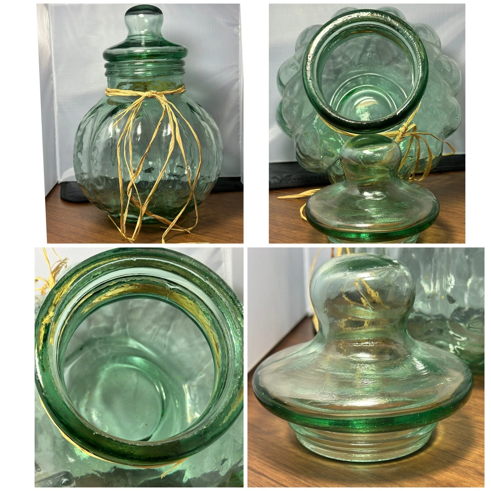 14” Tall Green APOTHECARY Glass Pumpkin JAR With Glass Lid, Straw Trim