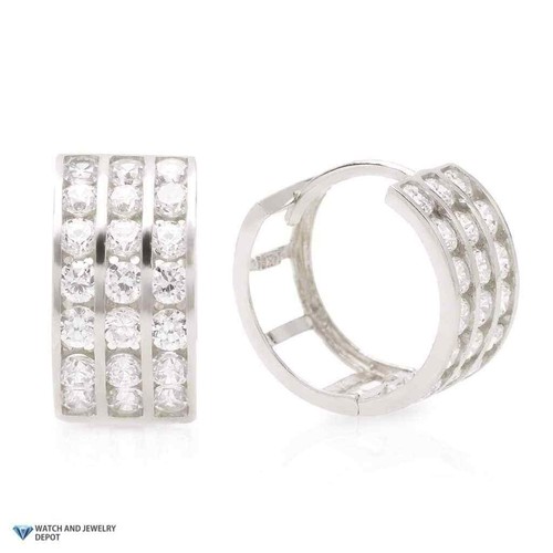 14K White Gold 3-Row Channel Huggie Hoop Earrings 0.5" with 1.3CTW Gem Accents - Picture 2 of 4