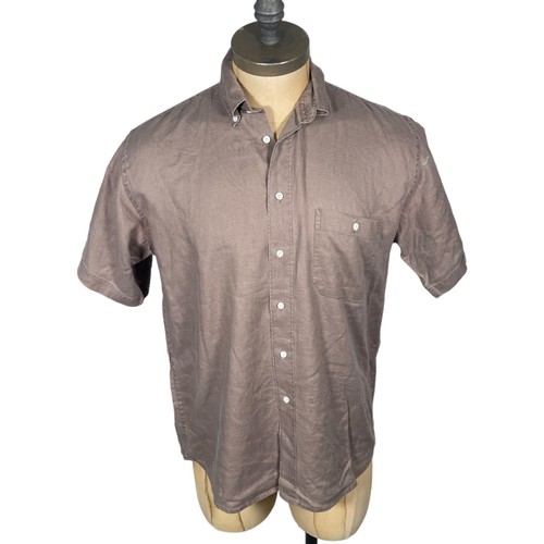 Camicia di 100% Lino Vintage Usata Marrone Manica Corta da Uomo Taglia M Button