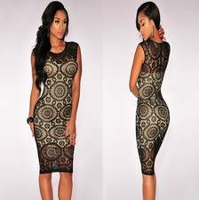 Sz 8 10 Sleeveless Black Lace Bodycon Formal Cocktail Party Slim Sexy Midi Dress