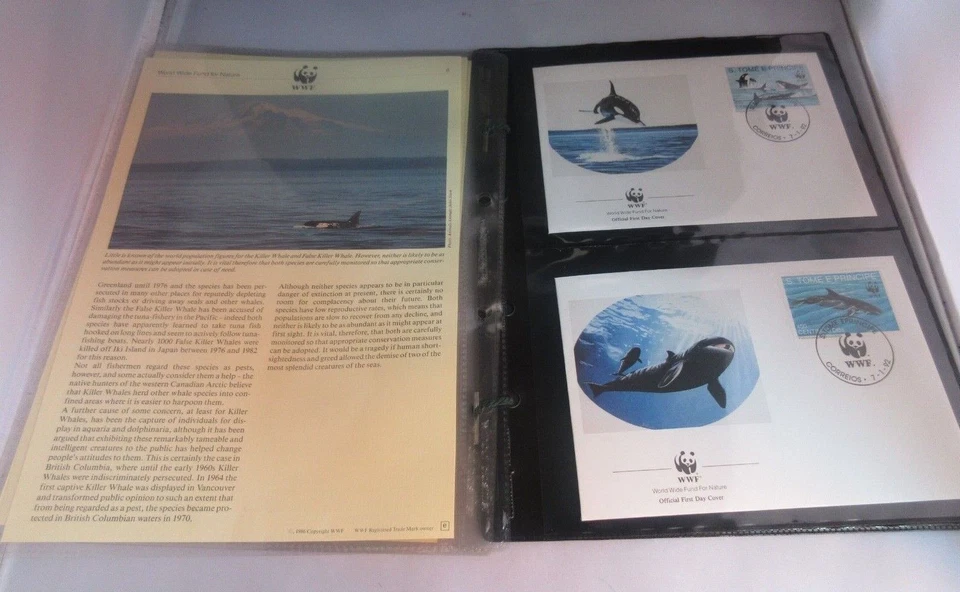 Hojas informativas de ballena asesina de WWF estampillas exclusivas de Santo Tomé y FDC Foto 4 de 4