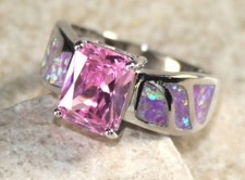SILVER Elegant Pink Fire Opal  Pink Kunzite Rectangular Ring Size 6, WR41303