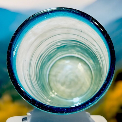 Mexican Hand Blown Teal Blue Rim 6” Bubbles 22oz Tumbler High Ball Glass - Picture 6 of 9