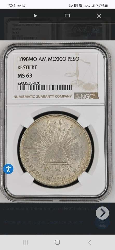 1898 MO AM Mexico PESO RESTRIKE (1949) 134 beads NGC MS63 Pop 98/279 Nice Luster - Image 4 of 4