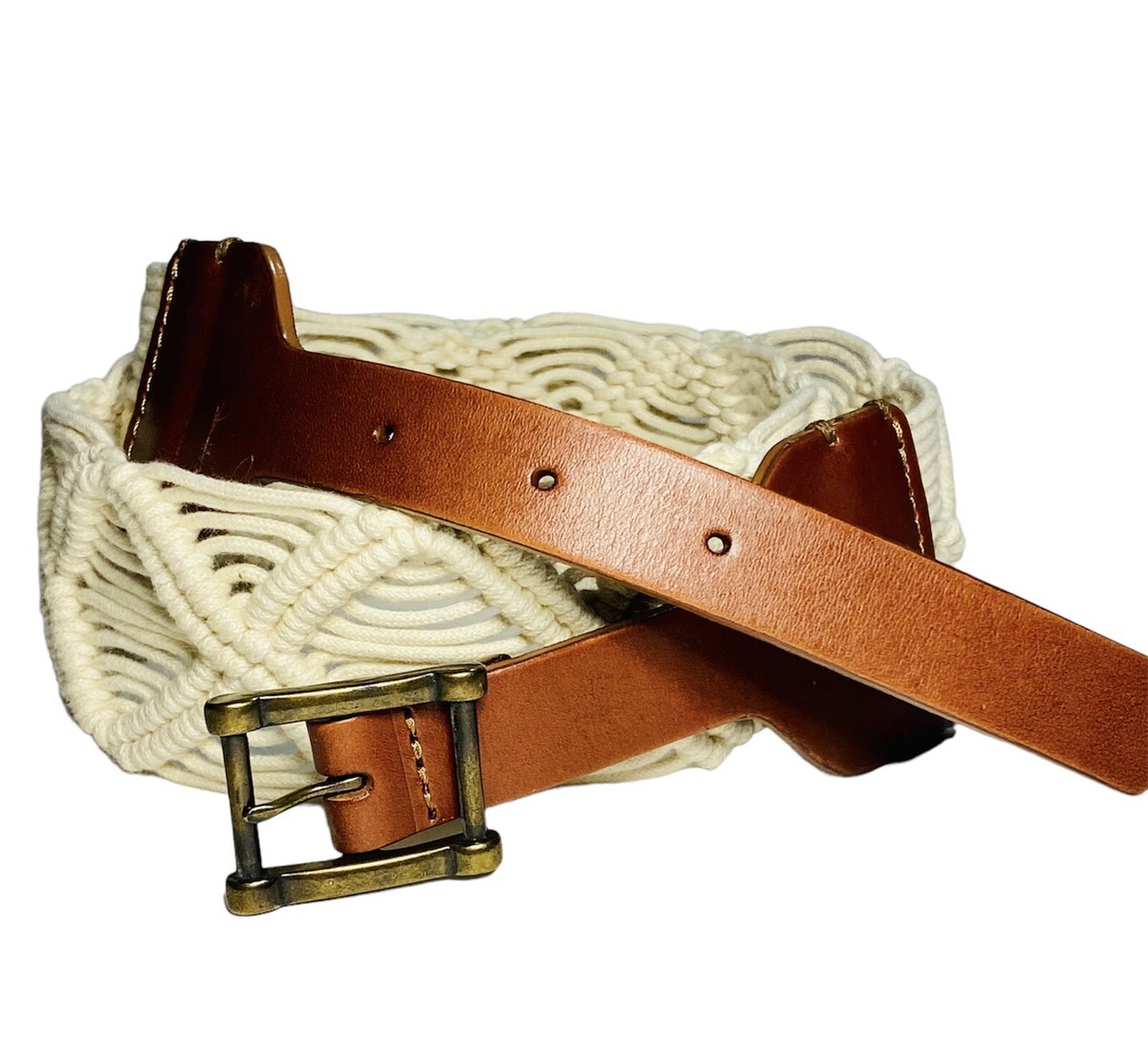 Tommy Bahama Macrame Braided Woven Cream Brown Leather Belt  display picture 1