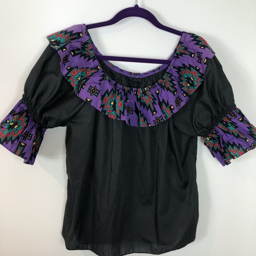 Square Dance Blouse Black Purple Southwestern Print Ruffles Square Up Size M - Picture 2 of 11