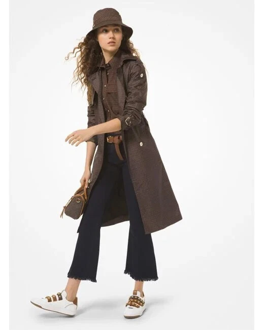 MICHAEL KORS Michel Kors MK $350! Trench Giacca Midi Marrone Stampa Logo XS 2