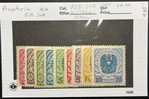 Austria, Coat of Arms, Full Set, MNH, Scott #238-247, White Paper Variety, VF - Picture 3 of 3