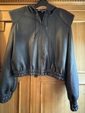 Zara Wet Look Padded Shoulder Cropped Hooded Jacket Black M