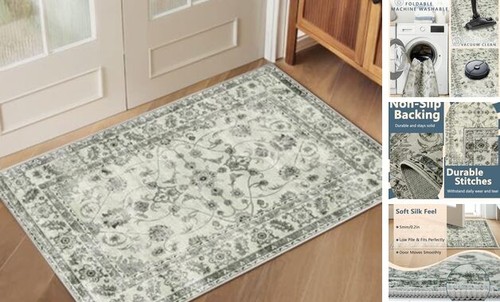 Small Rugs for Bedroom, 2x3 Washable Rug Non Slip, Entrance 3' x 2' Black Gray