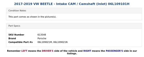 2017-2019 VW BEETLE - Intake CAM / Camshaft (Inlet) 06L109101H - 第 5/5 張圖片