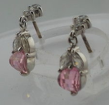 925 Sterling Pink CZ Flower Stud Earrings with Clear Accents Elegant Dangle Styl