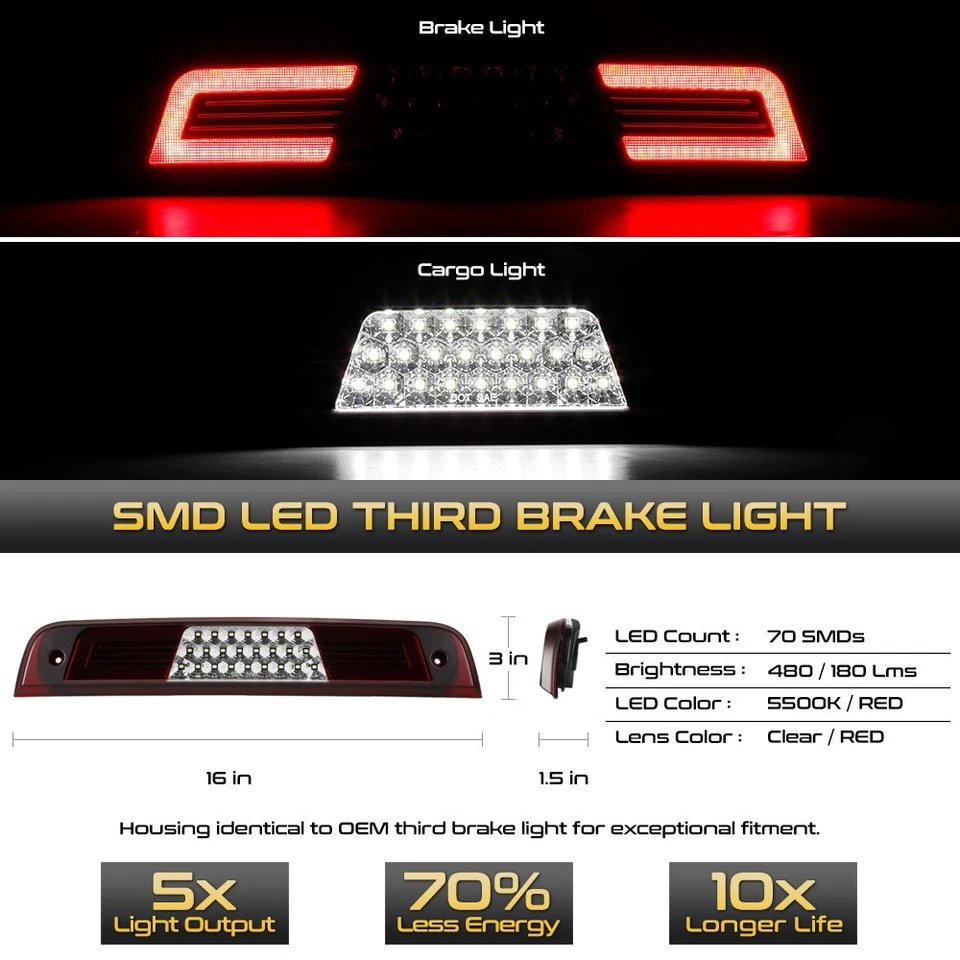 Full LED Chrome Third Brake Tail Cargo CHMSL Light For 2019-2024 Ram 1500 Pickup Foto 2 de 4