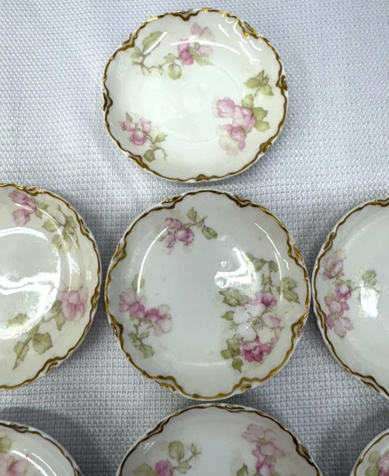 Juego de 10 platos Limoges Haviland Butter Pat 3" rosa dorada, bordes festoneados Foto 4 de 4
