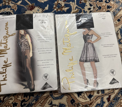 2 x PHILIPPE MATIGNON ULTRA SHEER W/PATTERN & SEMI-SHEER MATT BLACK PANTYHOSE L