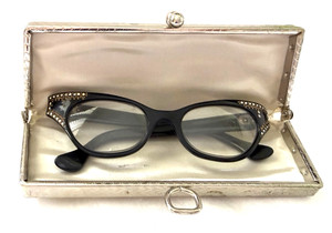 Vintage Black Framed FRANCE CAT EYE w/ Borealis Stones Eyeglasses  w/ Retro Case