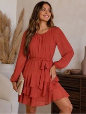 Express Women’s Sz XL Rust Tiered Ruffle Chiffon Dress Boho Cottagecore Belted