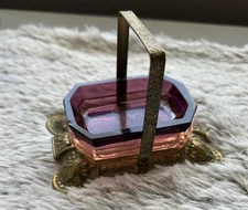 RARE Antique Czech Open Salt Dip Cellar Pink & Purple W/Intaglio Ornate Caddy