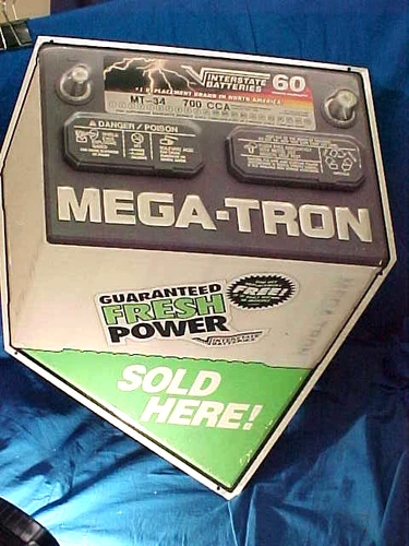 Vintage INTERSTATE BATTERIES MEGA TRON Tin Litho GAS STATION Garage SIGN