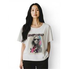 Emporio Armani White Graphic Short-Sleeve Tee with Pink Blue Accents