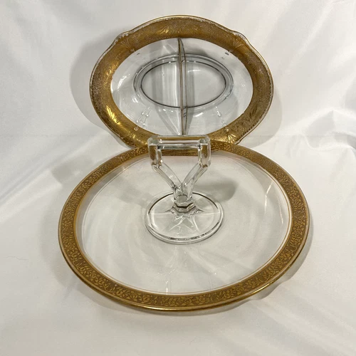 Vintage Glass Rose Pattern Platter + Candy/Nut Dish Set w/ Gold Trim Mid-Century