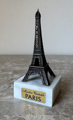 Souvenir Paris Eiffel Tower 4 1/2  Tall Paperweight Metal On Marble Base