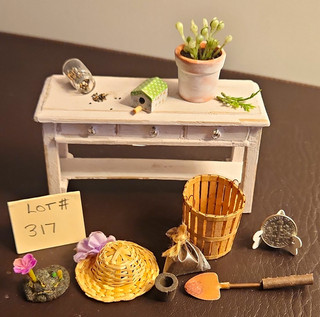 Dollhouse Miniature Upcycled Wood Garden Table & Accessories Lot# 317