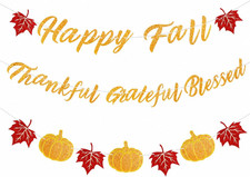 Fall Banner Decorations - Happy Fall Thankful Grateful Blessed Banner, Thanksgiv
