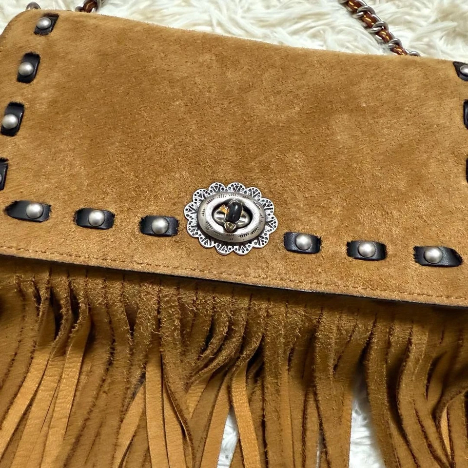 Bolsa de ombro COACH 86821 corrente franja couro camurça marrom carvalho autêntica usada - Imagem 4 de 4